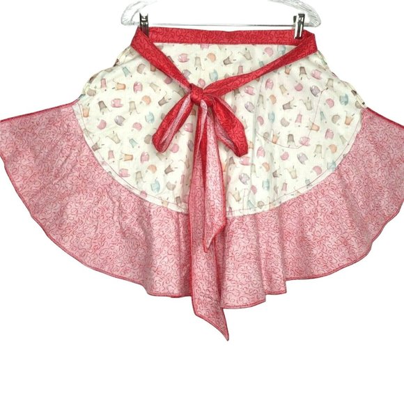 Retro Cooking Half Apron One Size Fountain Drinks Red Ruffle Pocket Tie Waist - Picture 10 of 11